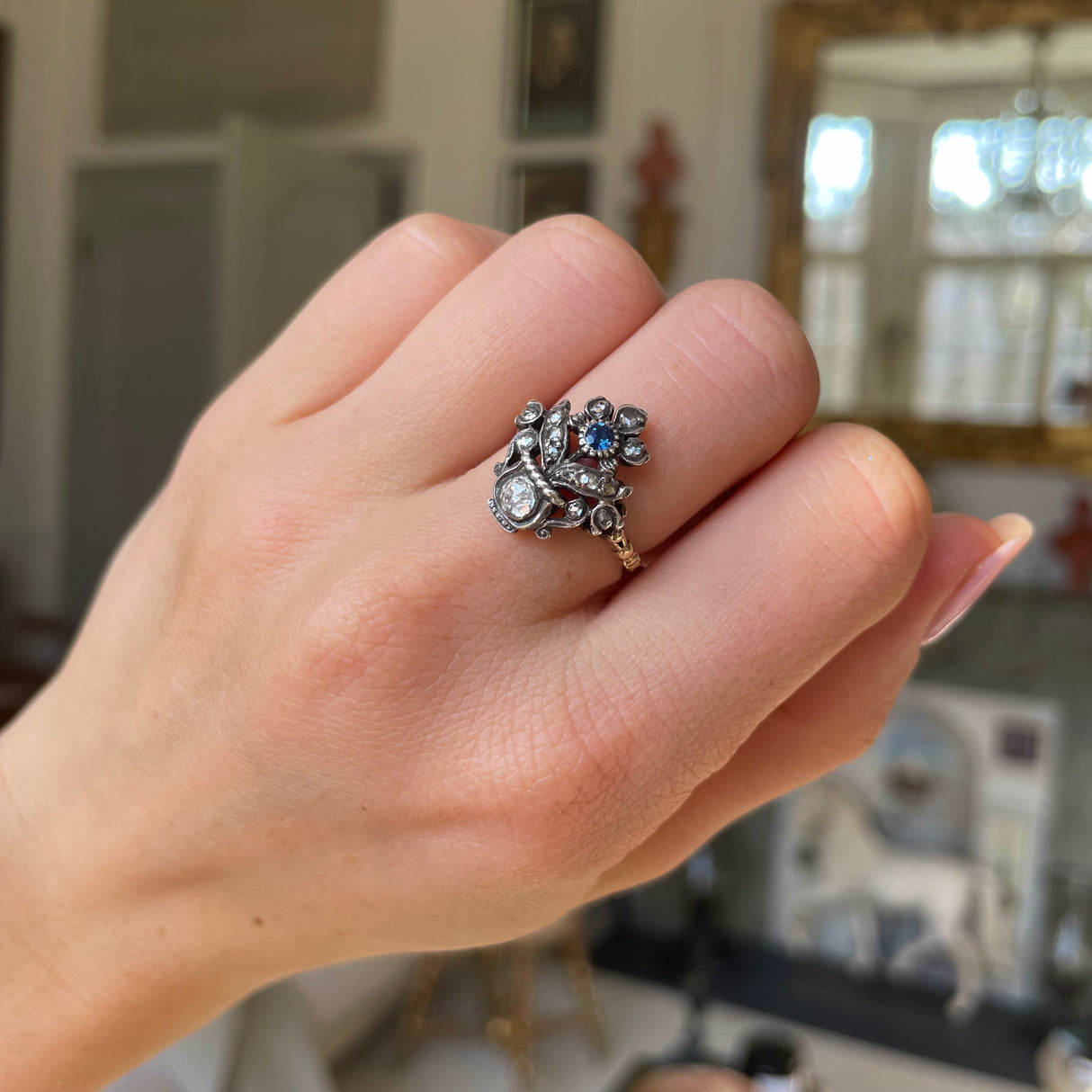 Antique sapphire and diamond giardinetti ring, 14ct yellow gold