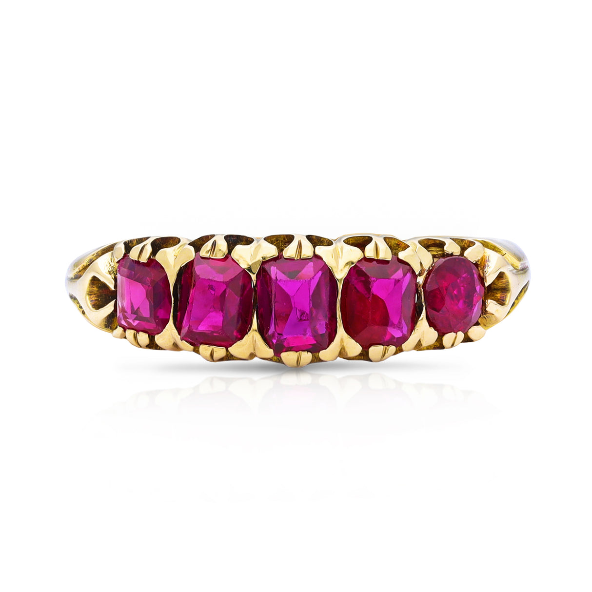 Edwardian five stone ruby band, front view.
