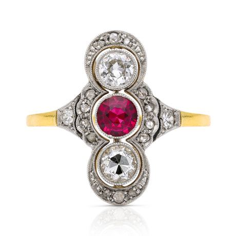 Antique belle epoque ruby and diamond ring, front view.