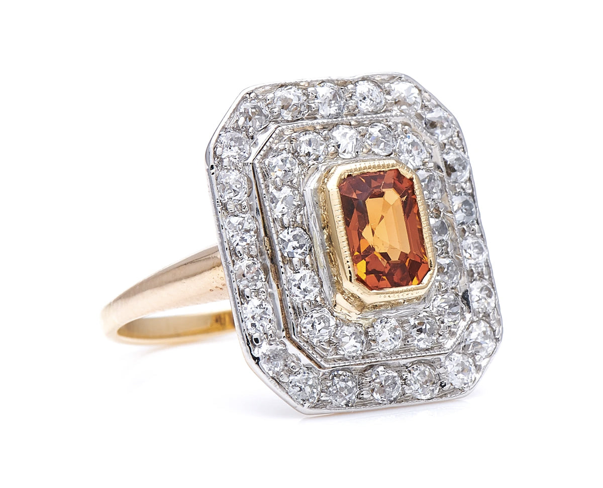 Antique Art Deco, 18ct gold, platinum, spessartine garnet and diamond cluster ring