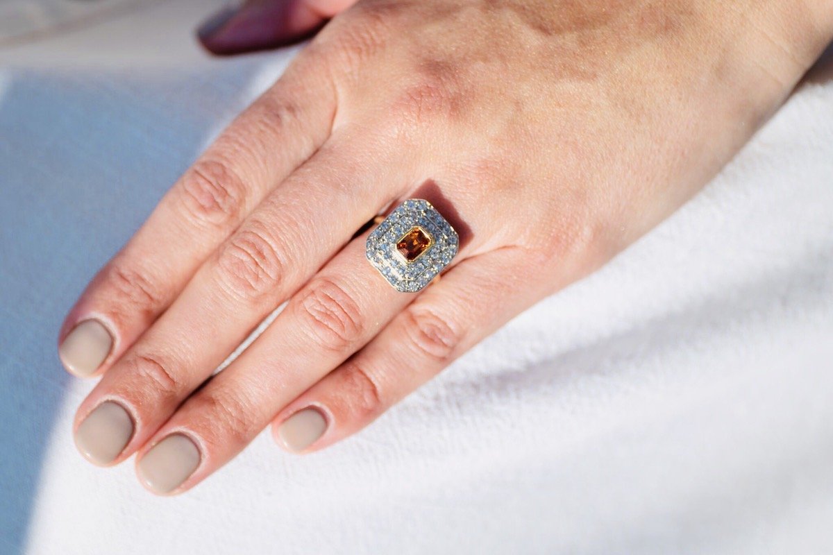 Antique Art Deco, 18ct gold, platinum, spessartine garnet and diamond cluster ring