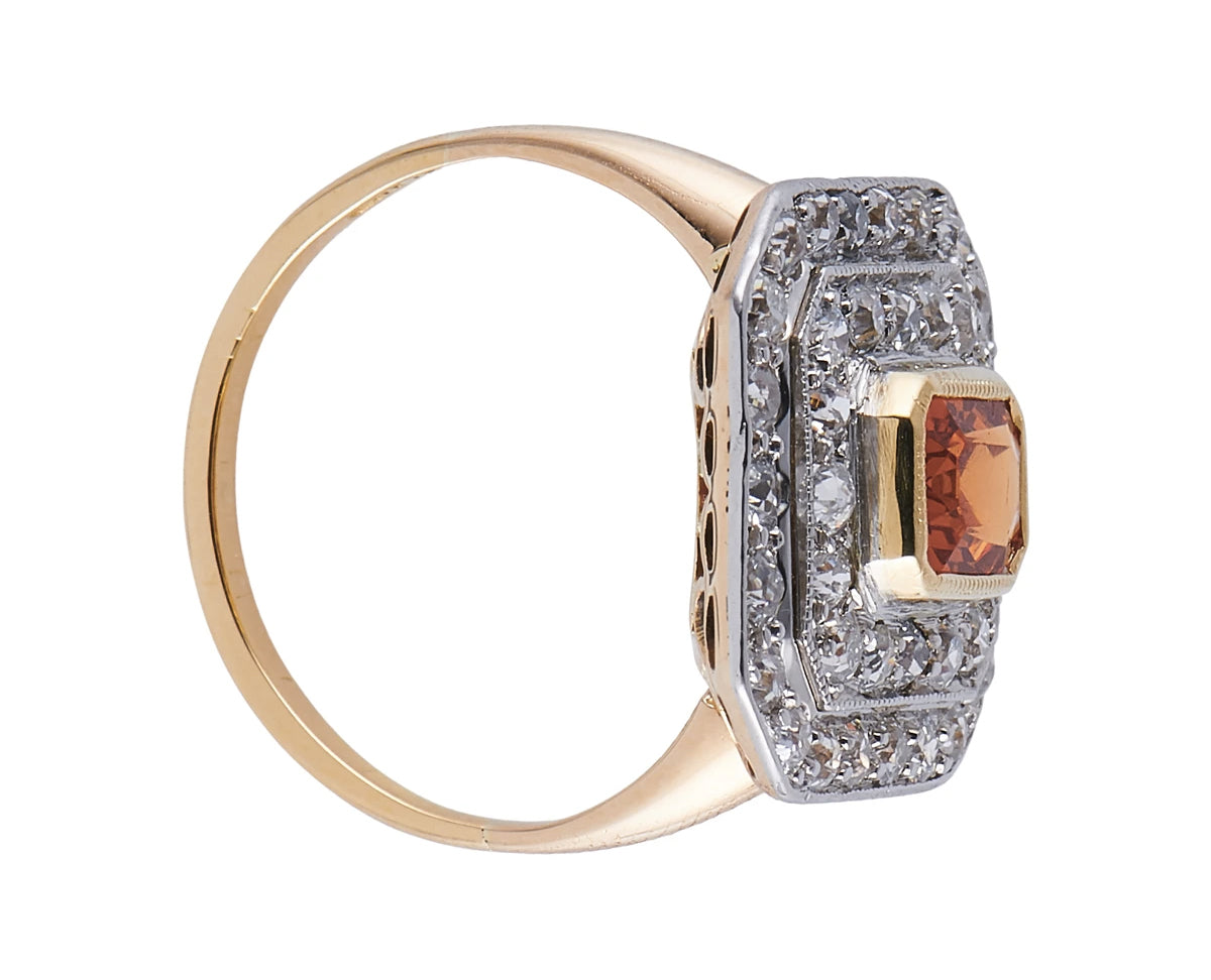 Antique Art Deco, 18ct gold, platinum, spessartine garnet and diamond cluster ring