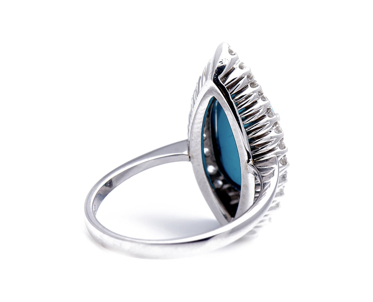 Antique Art Deco, 18ct White Gold, Natural Turquoise and Diamond Marquise Ring |Antique Ring Boutique | Sustainable Antique Rings |