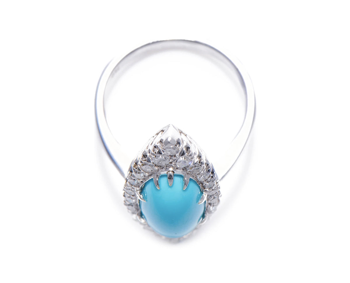 Antique Art Deco, 18ct White Gold, Natural Turquoise and Diamond Marquise Ring |Antique Ring Boutique | Sustainable Antique Rings |