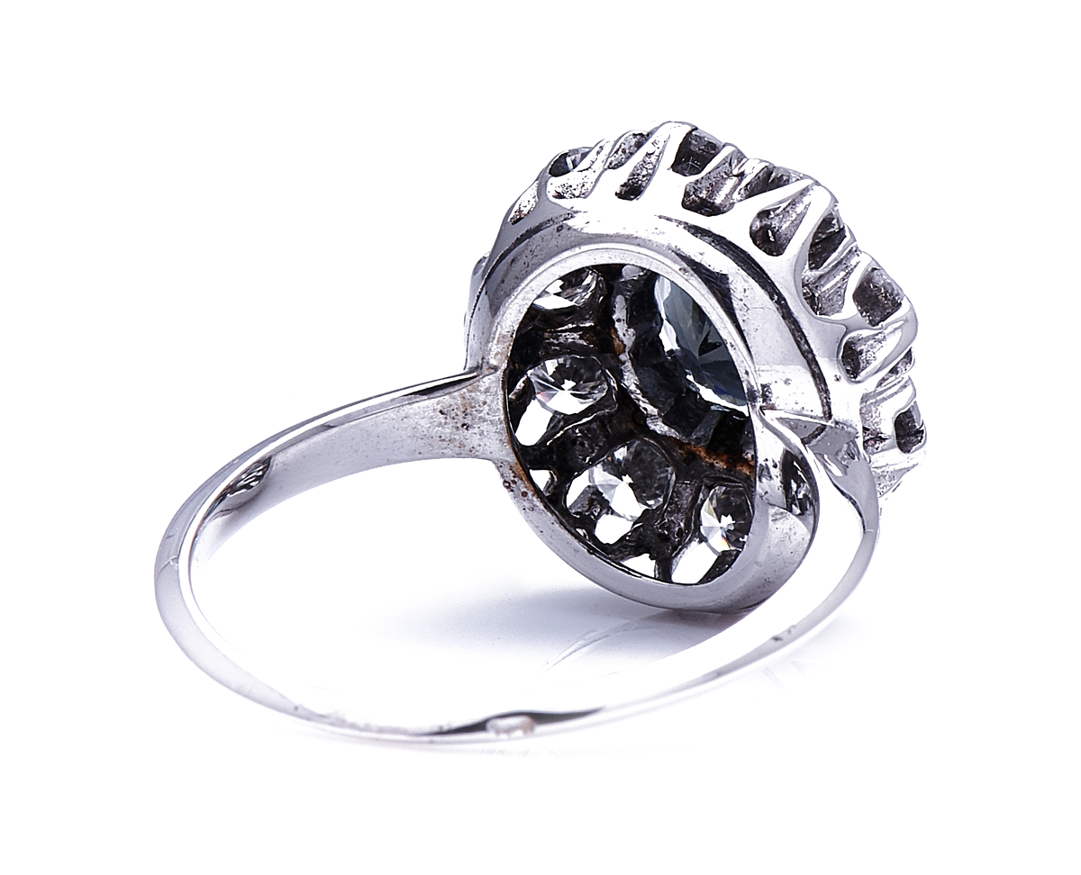 Antique Art Deco, French, 18ct white gold, cobalt spinel and diamond ring