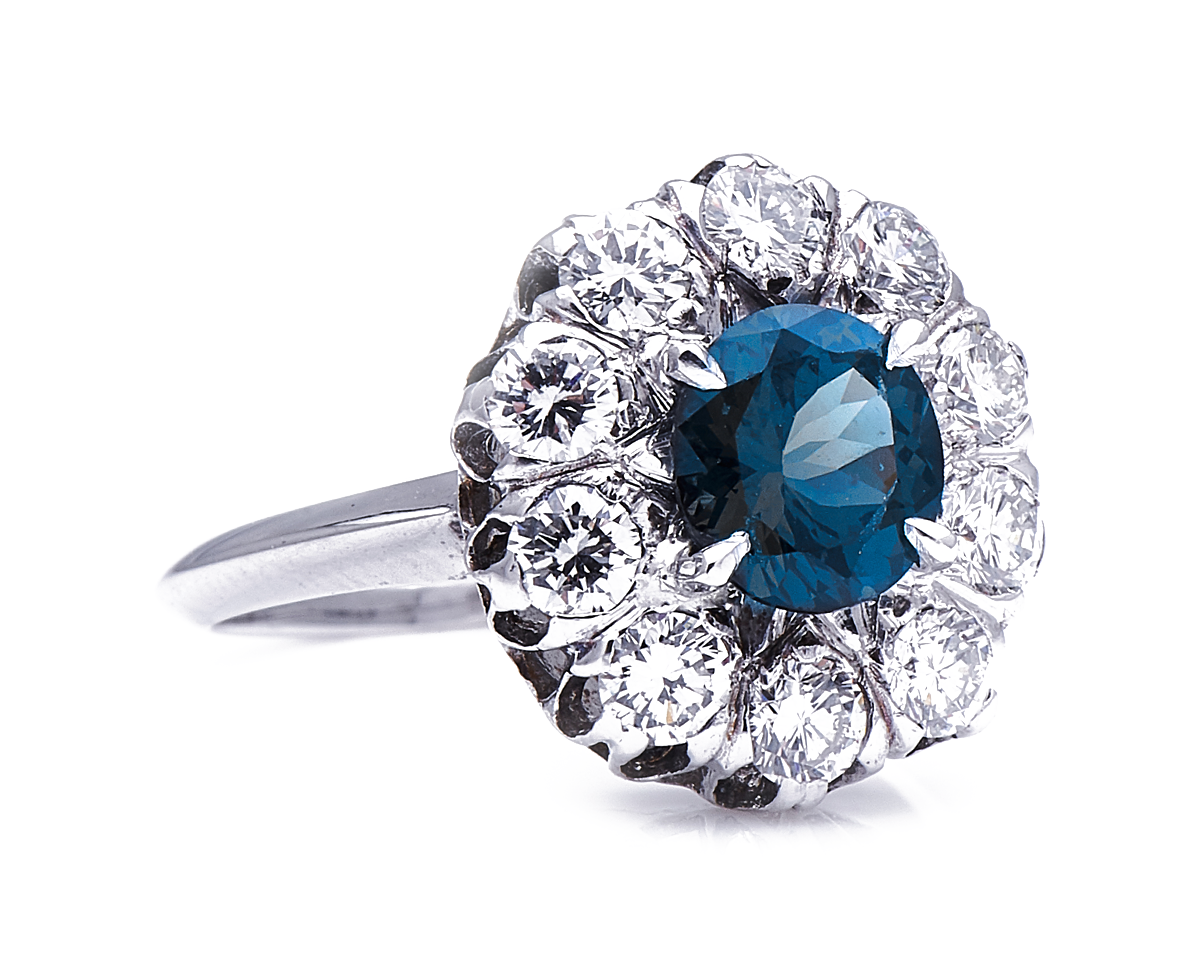 Antique Art Deco, French, 18ct white gold, cobalt spinel and diamond ring