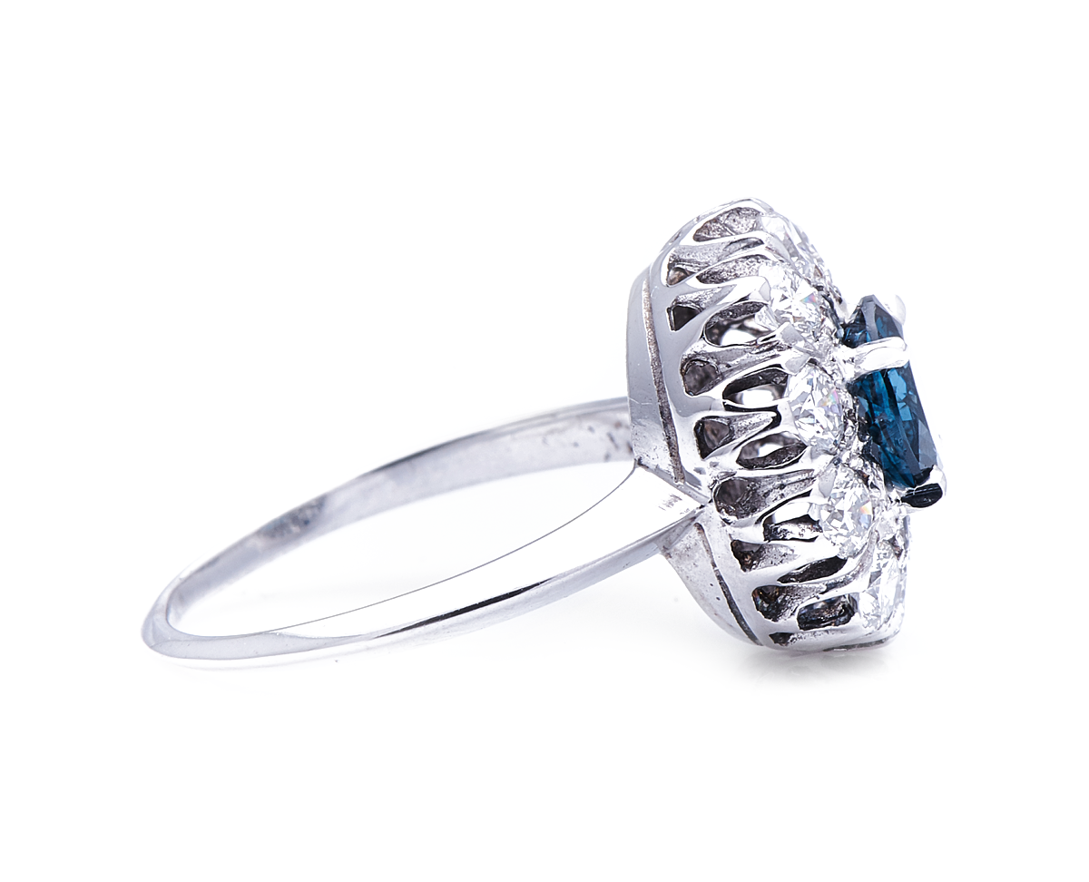 Antique Art Deco, French, 18ct white gold, cobalt spinel and diamond ring