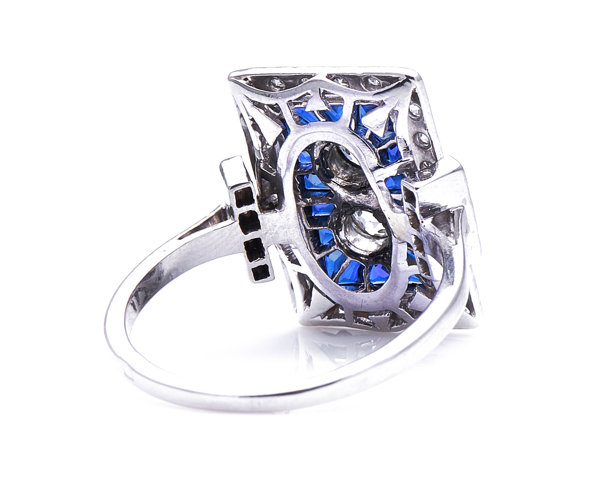 Antique Art Deco, French, platinum, diamond and sapphire ring