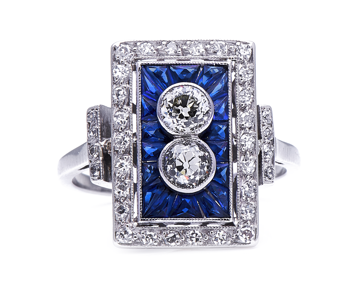 Antique Art Deco, French, platinum, diamond and sapphire ring