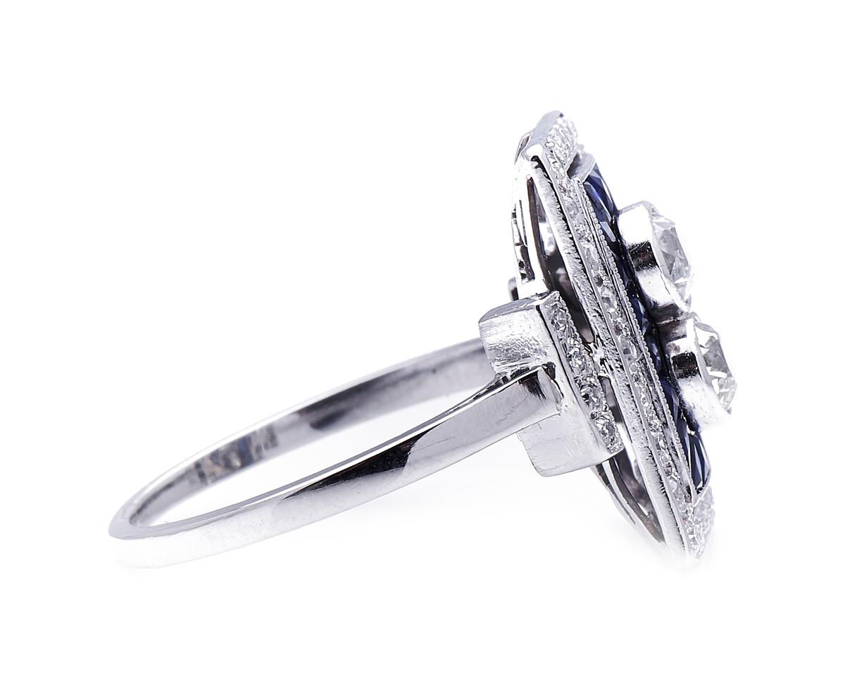 Antique Art Deco, French, platinum, diamond and sapphire ring