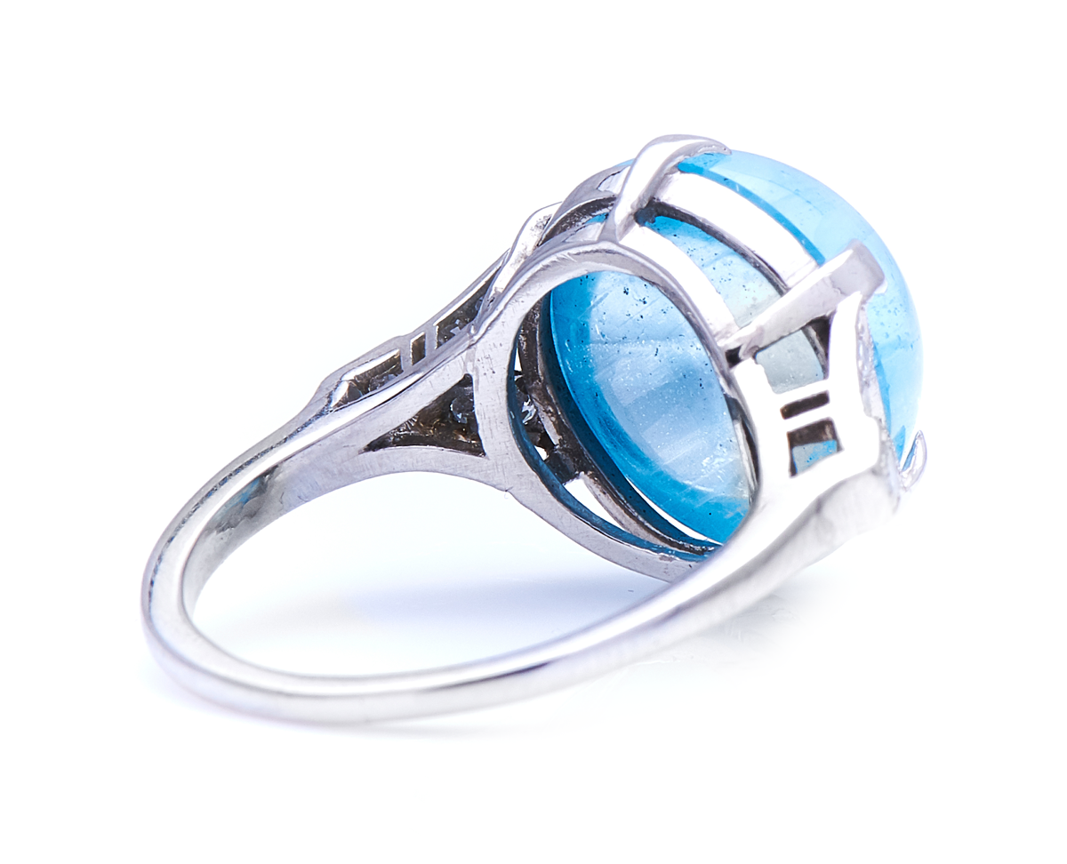 Antique Art Deco, platinum, cabochon aquamarine and diamond ring