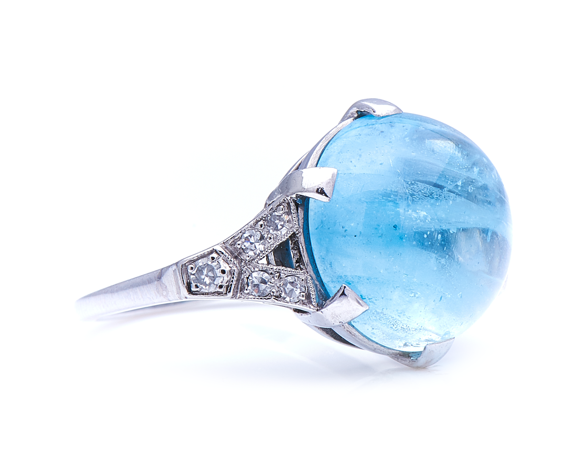 Antique Art Deco, platinum, cabochon aquamarine and diamond ring