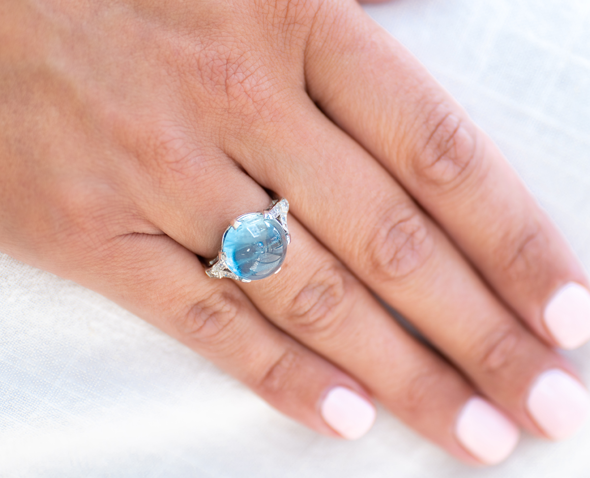 Antique Art Deco, platinum, cabochon aquamarine and diamond ring