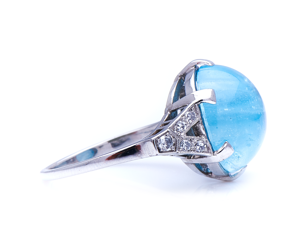 Antique Art Deco, platinum, cabochon aquamarine and diamond ring