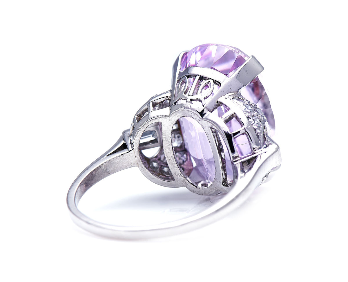 Art Deco, Platinum, Kunzite and Diamond Cocktail Ring  |Antique Ring Boutique | Sustainable Antique Rings | Rare Antique Rings | Bespoke Untreated Vintage Antique Rings | An Antique Jewellery Company