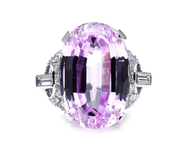 Art Deco, Platinum, Kunzite and Diamond Cocktail Ring  |Antique Ring Boutique | Sustainable Antique Rings | Rare Antique Rings | Bespoke Untreated Vintage Antique Rings | An Antique Jewellery Company