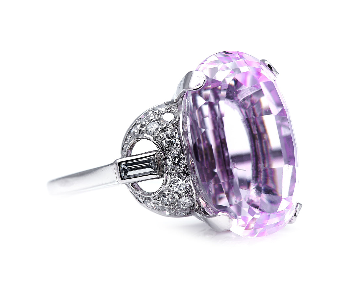 Art Deco, Platinum, Kunzite and Diamond Cocktail Ring  |Antique Ring Boutique | Sustainable Antique Rings | Rare Antique Rings | Bespoke Untreated Vintage Antique Rings | An Antique Jewellery Company