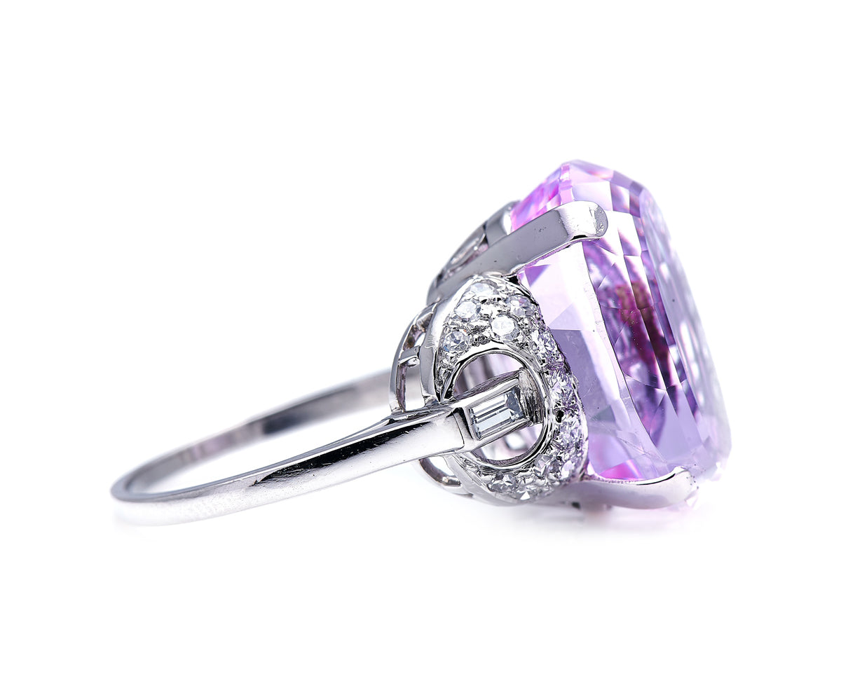 Art Deco, Platinum, Kunzite and Diamond Cocktail Ring  |Antique Ring Boutique | Sustainable Antique Rings | Rare Antique Rings | Bespoke Untreated Vintage Antique Rings | An Antique Jewellery Company