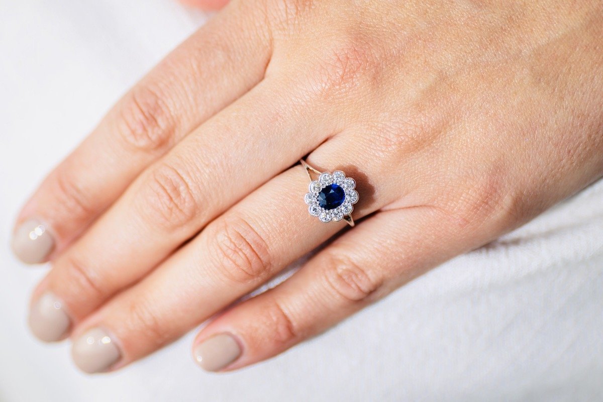 Art Deco, platinum, Tiffany & co. sapphire and diamond cluster ring, original box