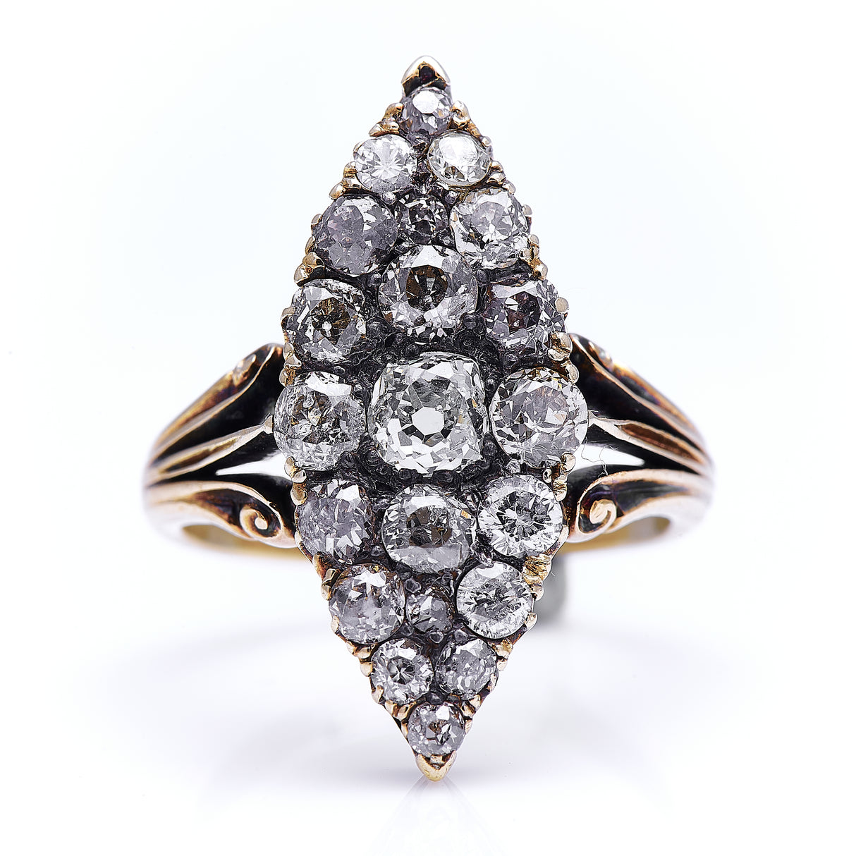 Victorian, 18ct gold, navette diamond cluster ring