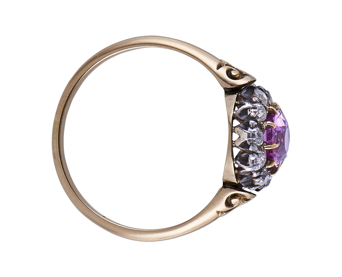 Edwardian, 18ct gold, natural pink sapphire and diamond cluster ring