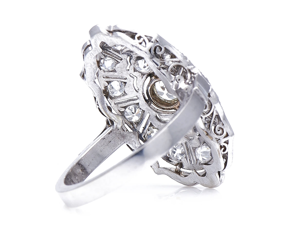 Antique Edwardian, Germn, 585 white gold, platinum, diamond cluster ring