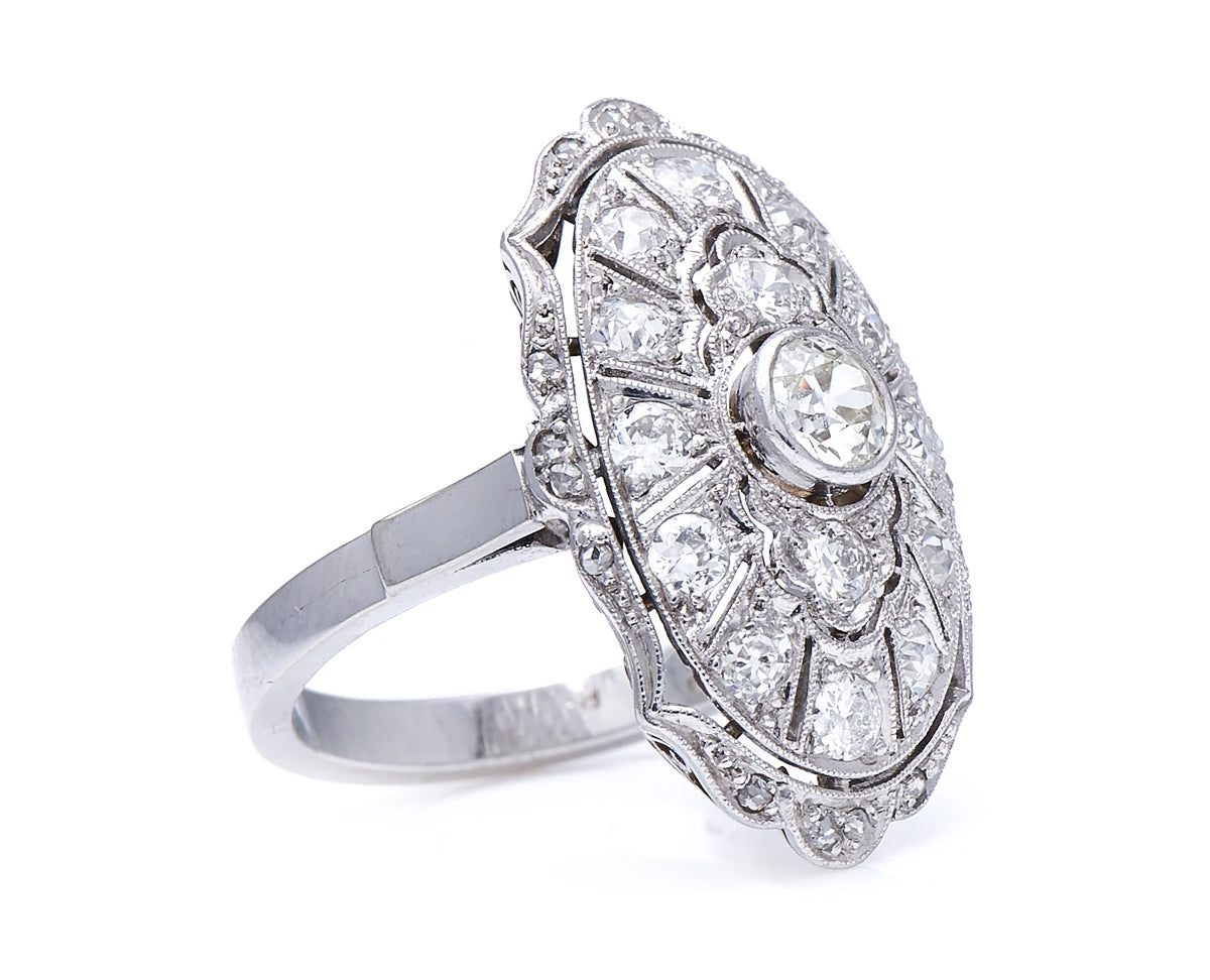 Antique Edwardian, Germn, 585 white gold, platinum, diamond cluster ring