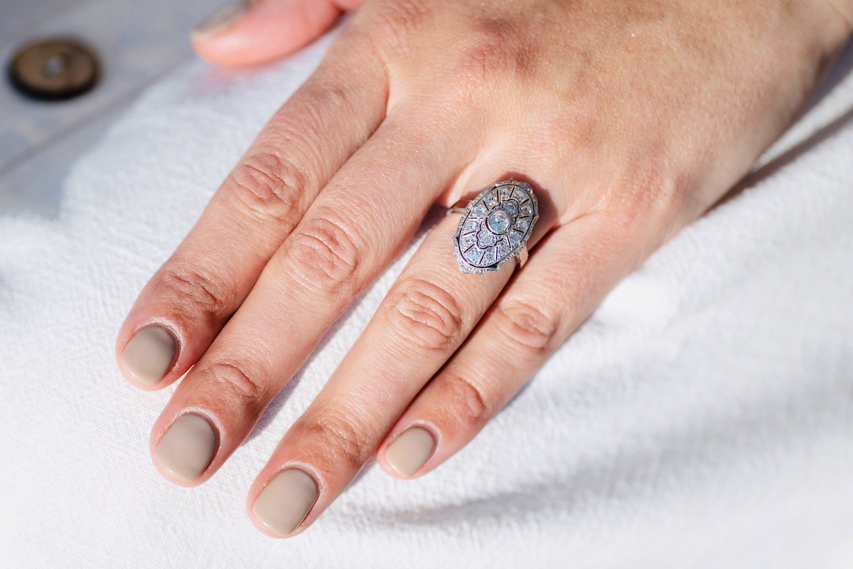 Antique Edwardian, Germn, 585 white gold, platinum, diamond cluster ring