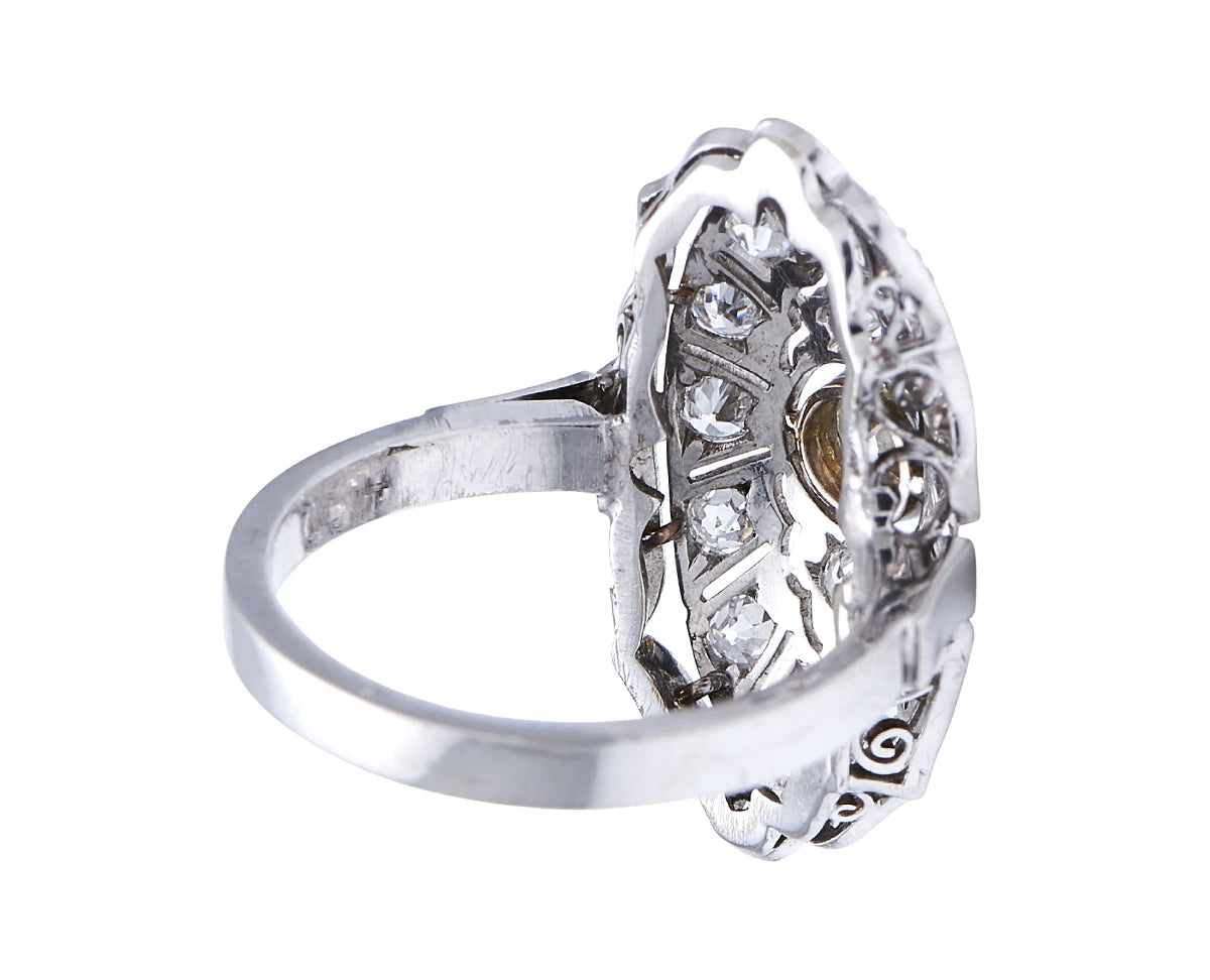 Antique Edwardian, Germn, 585 white gold, platinum, diamond cluster ring