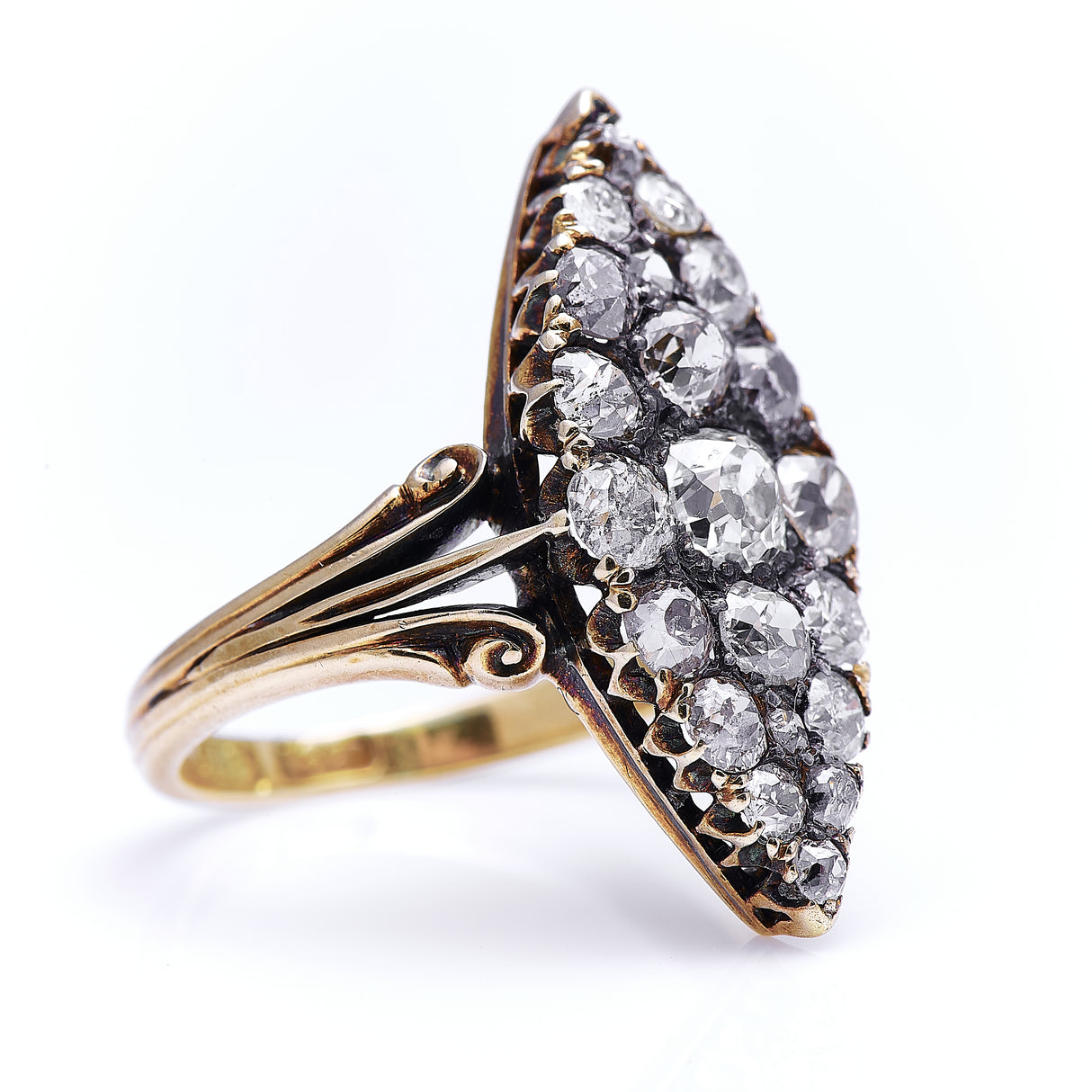 Victorian, 18ct gold, navette diamond cluster ring