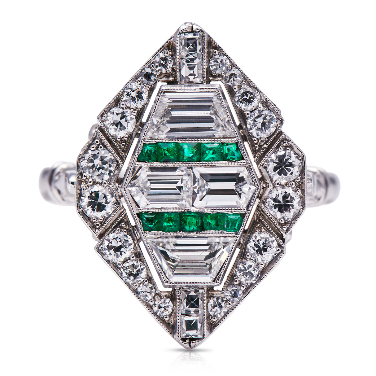Art Deco, 18ct white gold, emerald and diamond cluster ring