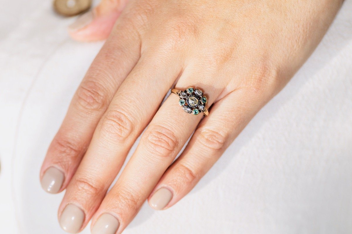 Georgian, 18th century, emerald and diamond cluster ring