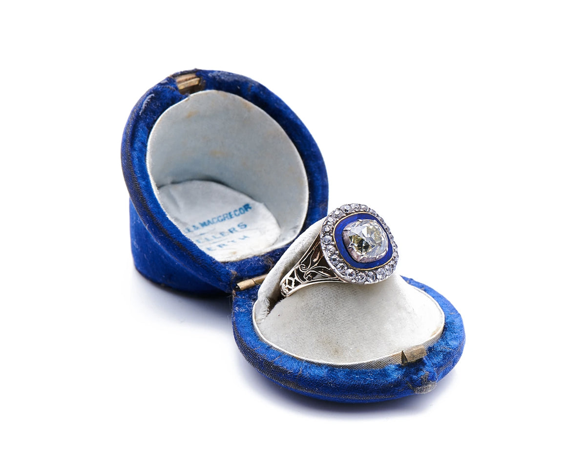 Georgian, 19th century, 18ct gold, silver, diamond and enamel cluster ring