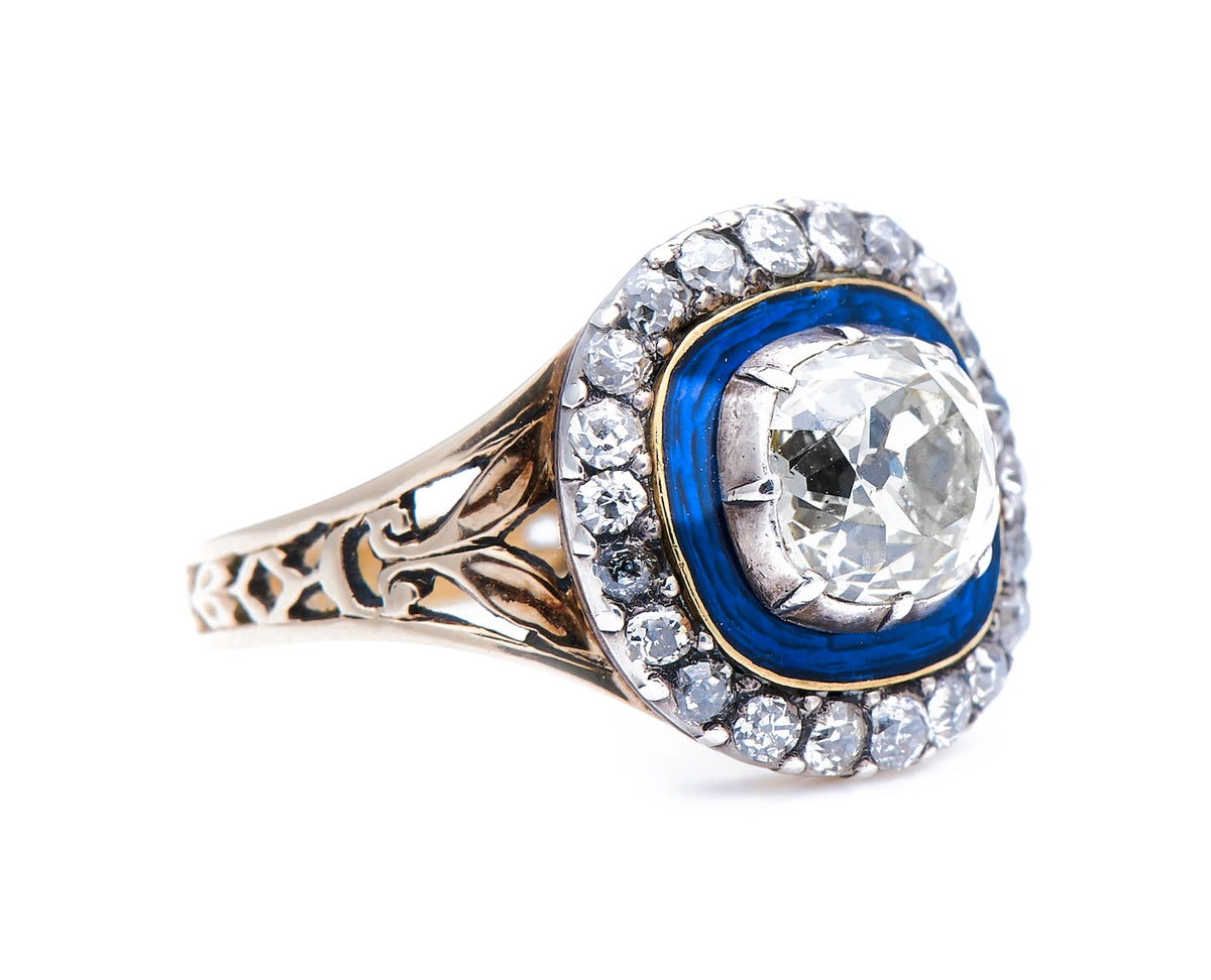 Georgian, 19th century, 18ct gold, silver, diamond and enamel cluster ring