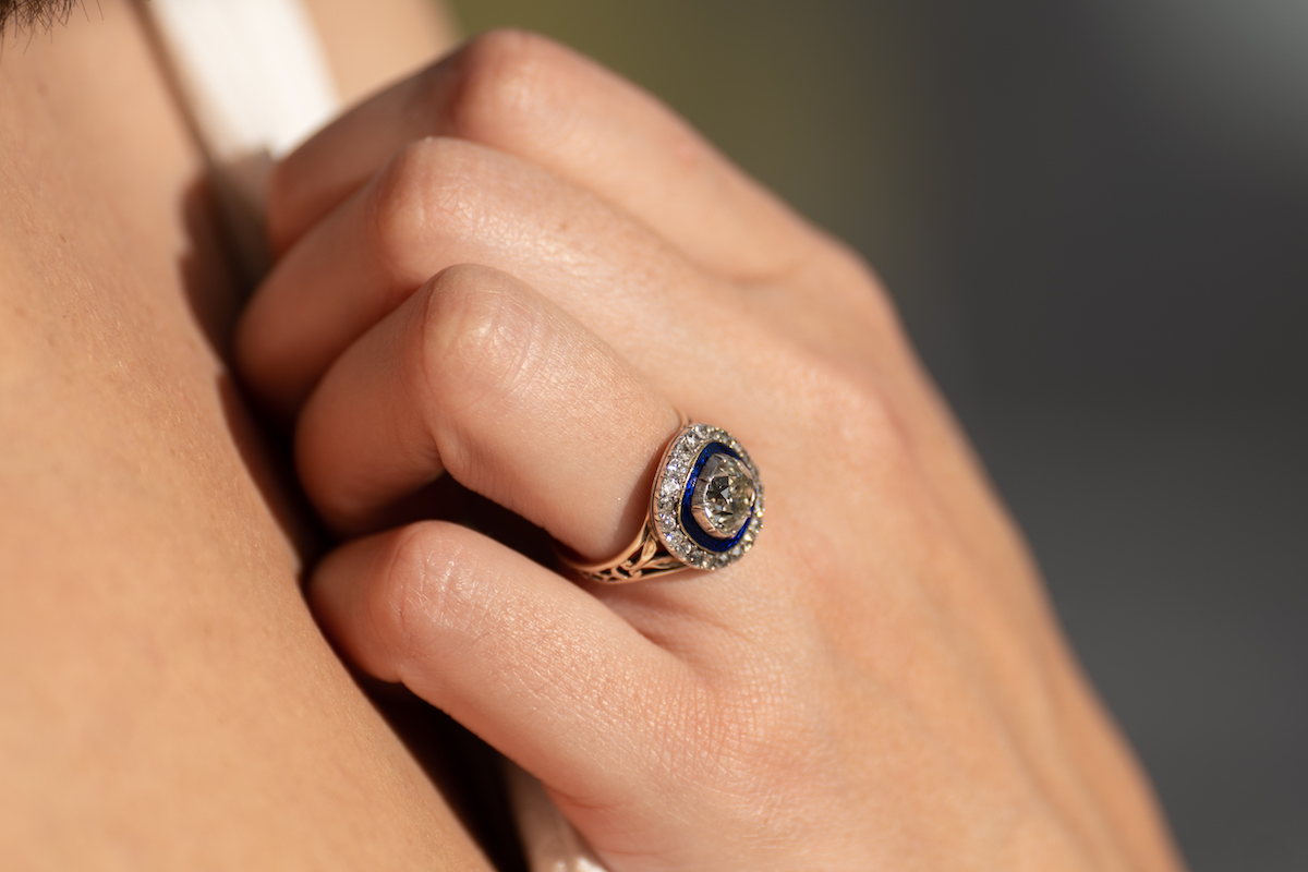 Georgian, 19th century, 18ct gold, silver, diamond and enamel cluster ring