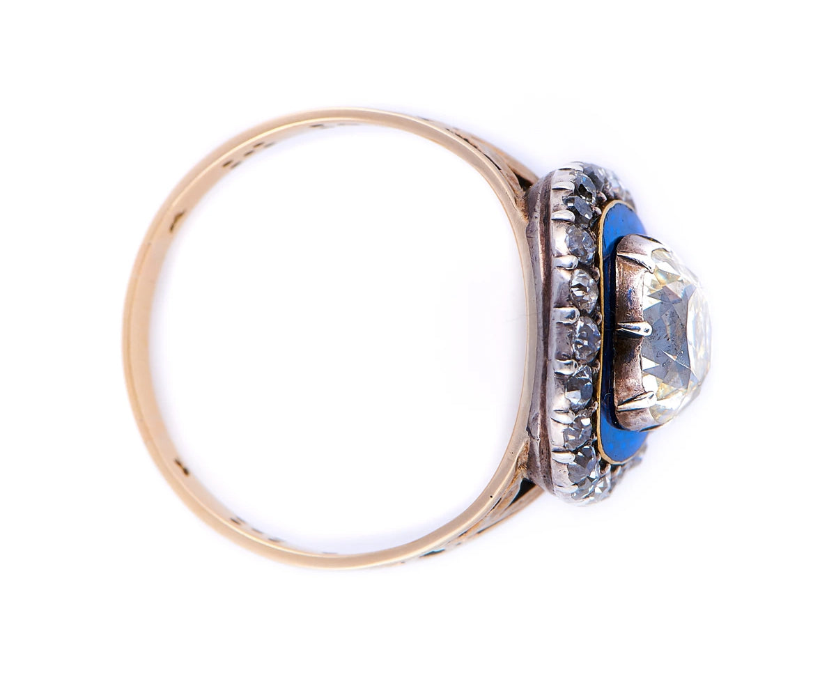Georgian, 19th century, 18ct gold, silver, diamond and enamel cluster ring
