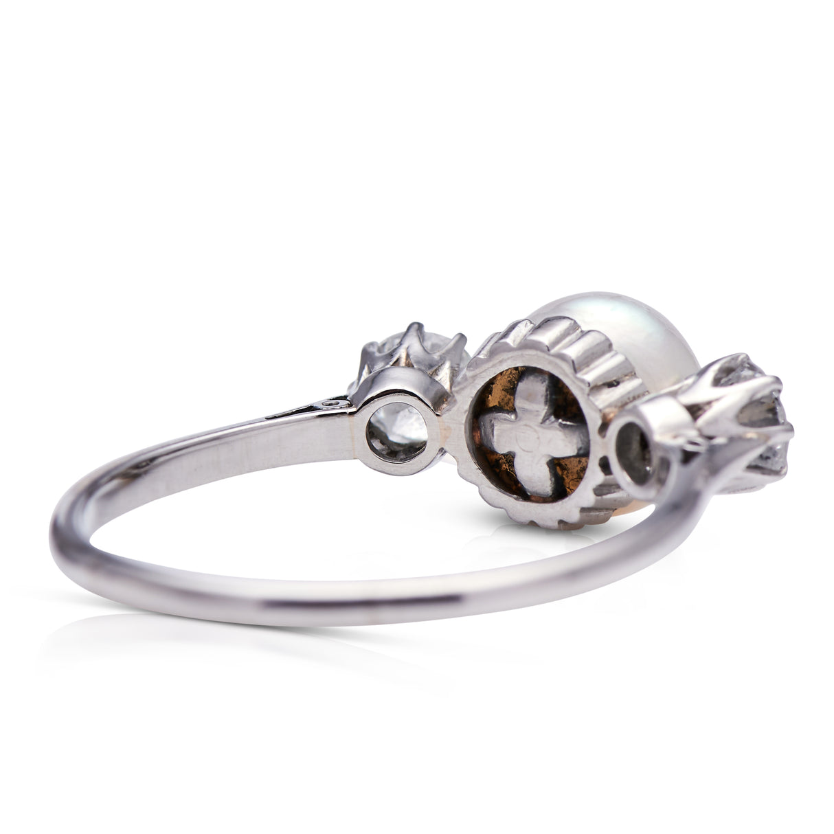 Edwardian, platinum, natural pearl and diamond three stone ring