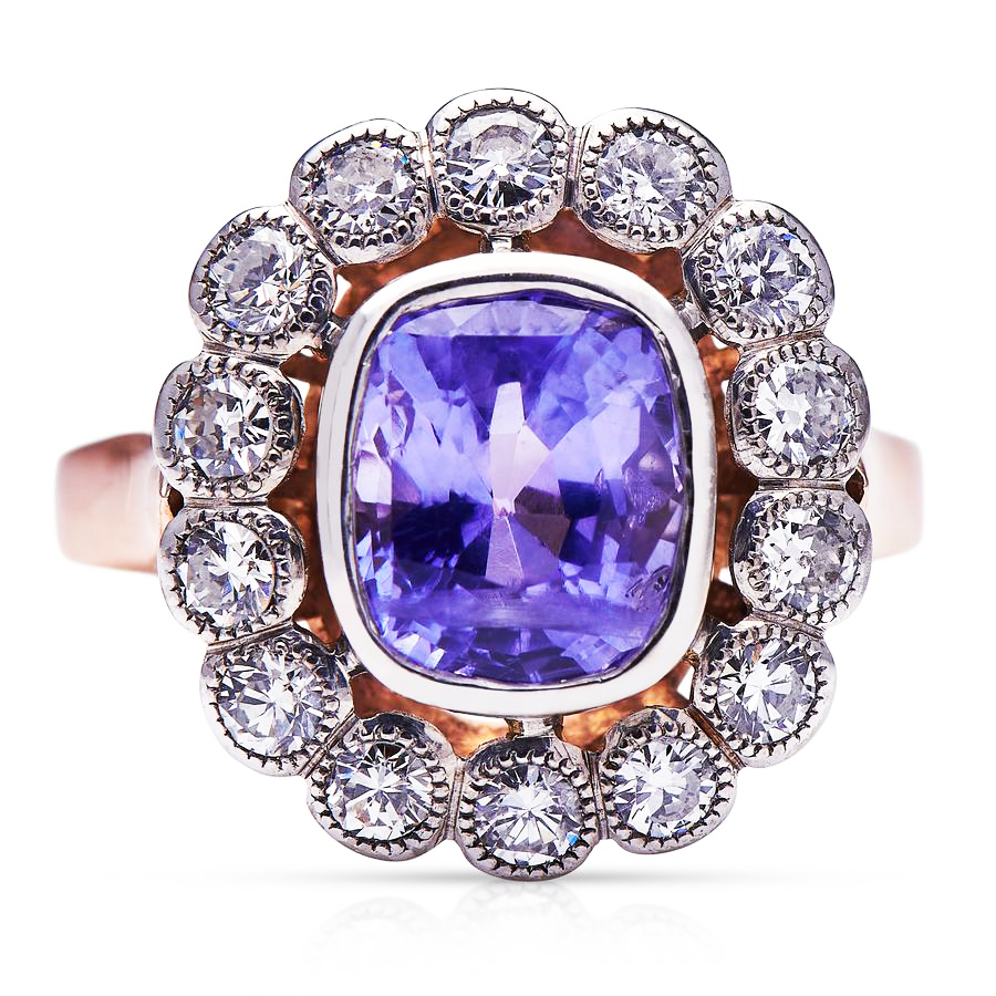 Antique, Art Deco, 18ct Rose Gold, French, Natural Colour-Change Sapphire and Diamond Cluster Ring