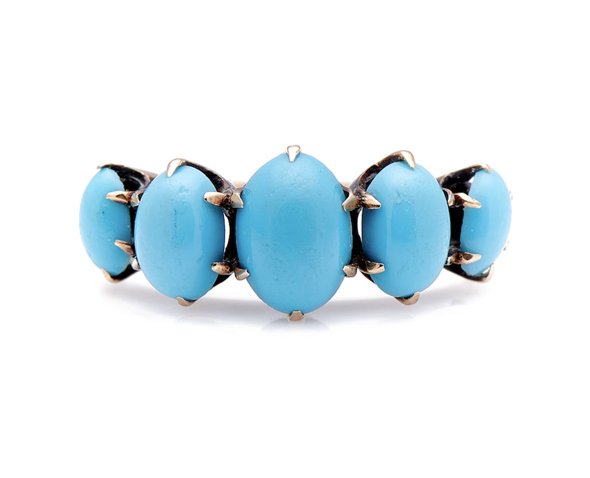 Antique-Victorian-14ct-Gold-Natural-Turquoise-Five-Stone-Ring