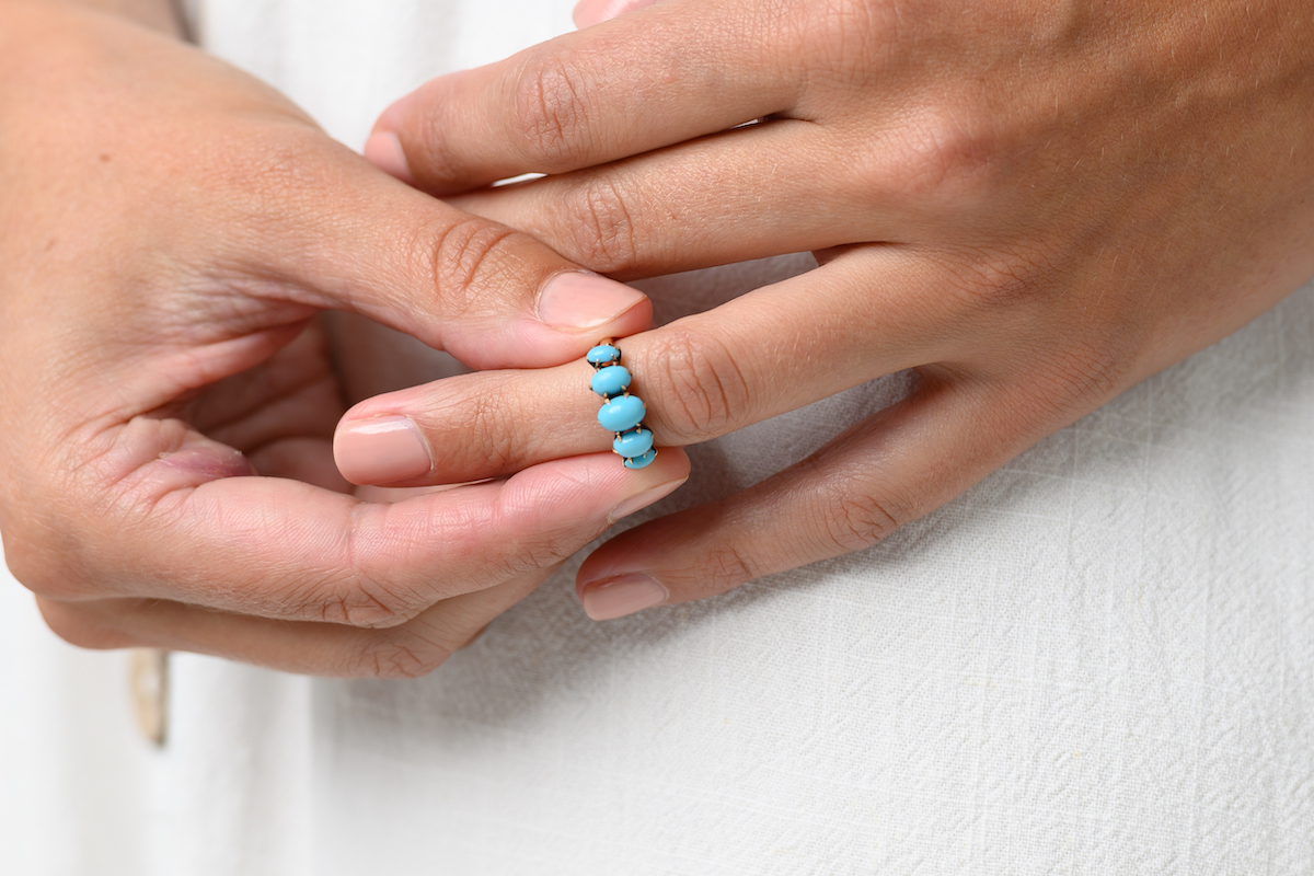 Antique Victorian, 14ct gold, natural turquoise five stone ring