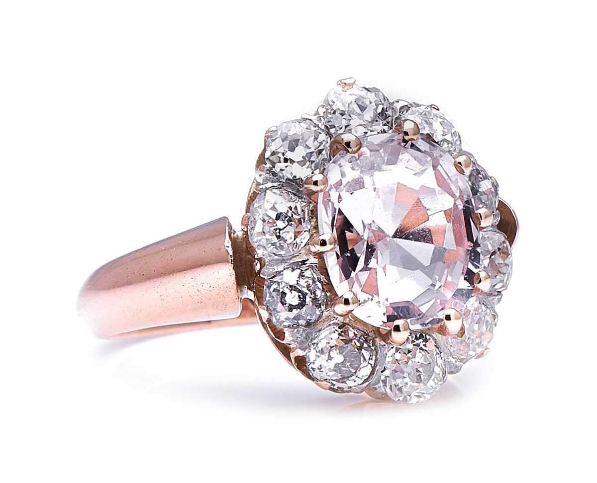 Antique Victorian, 18ct gold, peach sapphire and diamond cluster ring