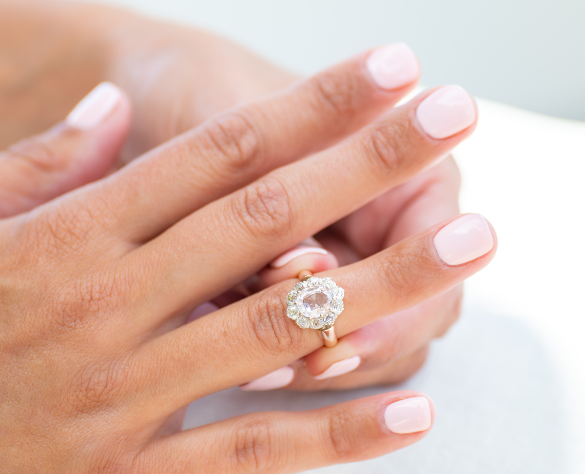 Antique Victorian, 18ct gold, peach sapphire and diamond cluster ring