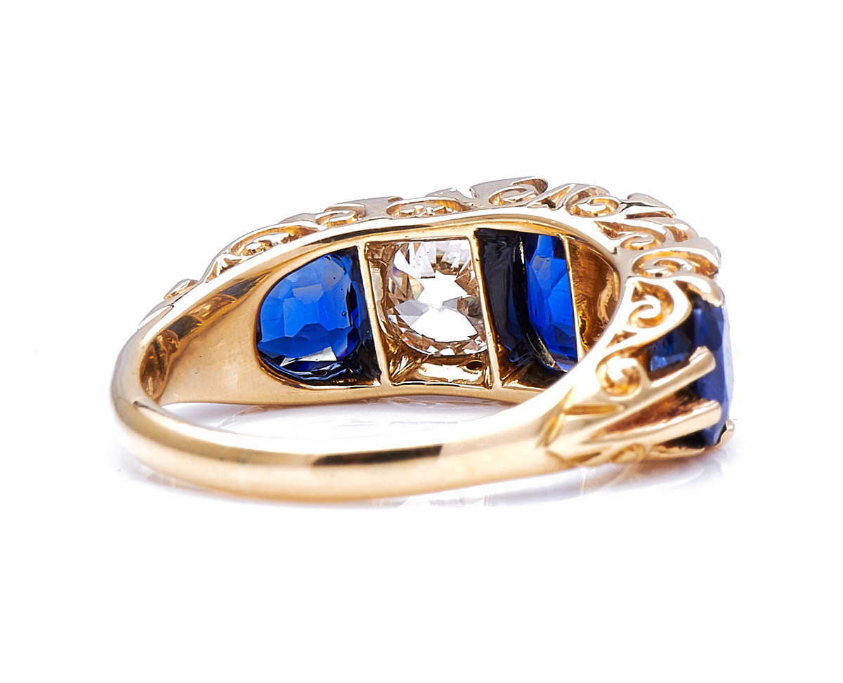 Antique Victorian, 18ct yellow gold, sapphire and diamond five-stone ring