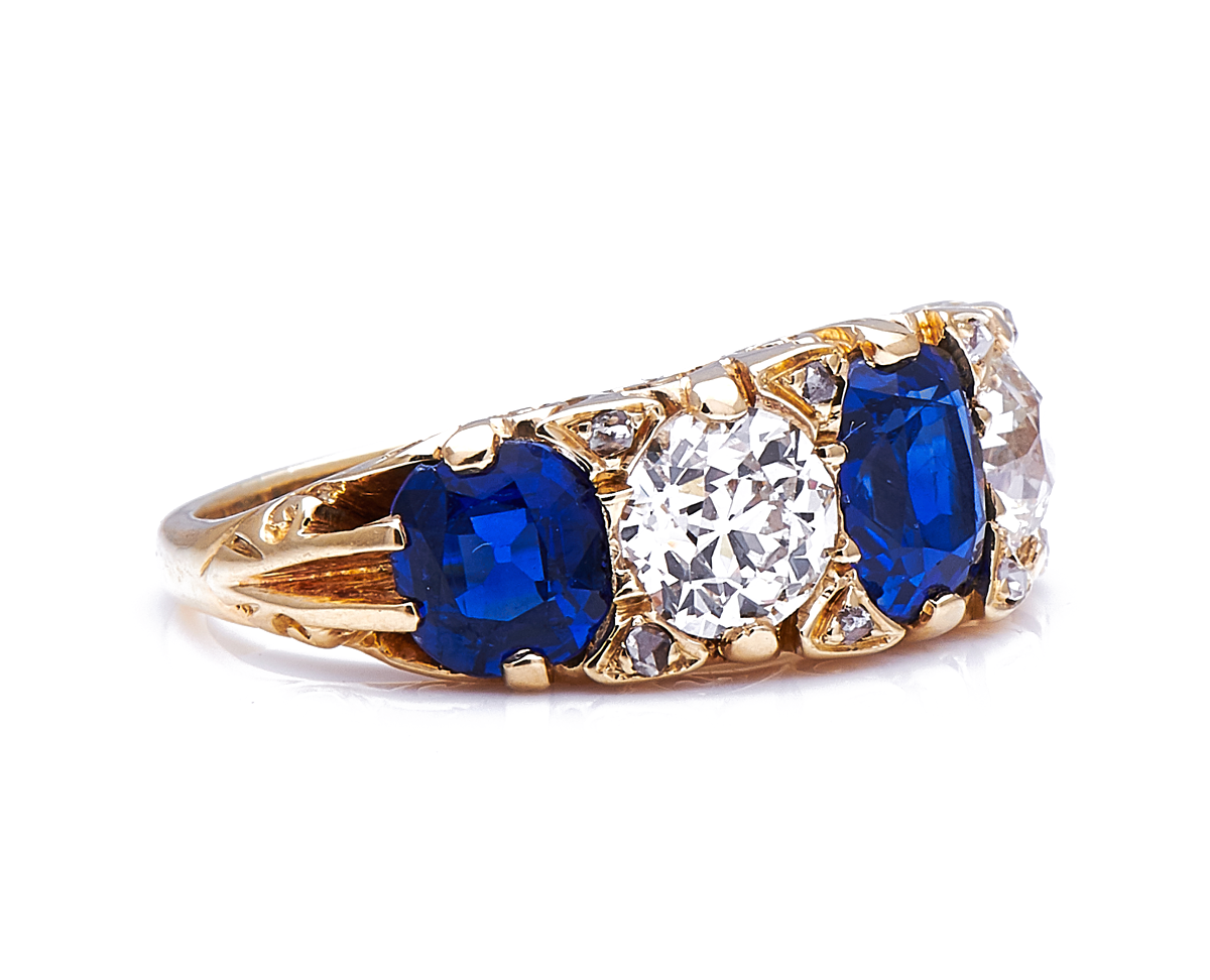 Antique Victorian, 18ct yellow gold, sapphire and diamond five-stone ring