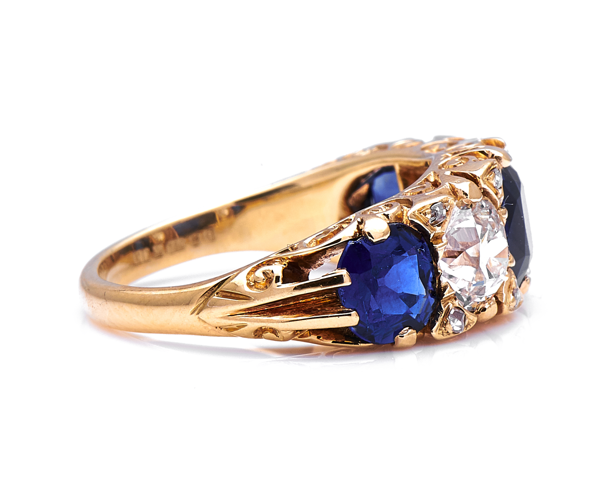 Antique Victorian, 18ct yellow gold, sapphire and diamond five-stone ring