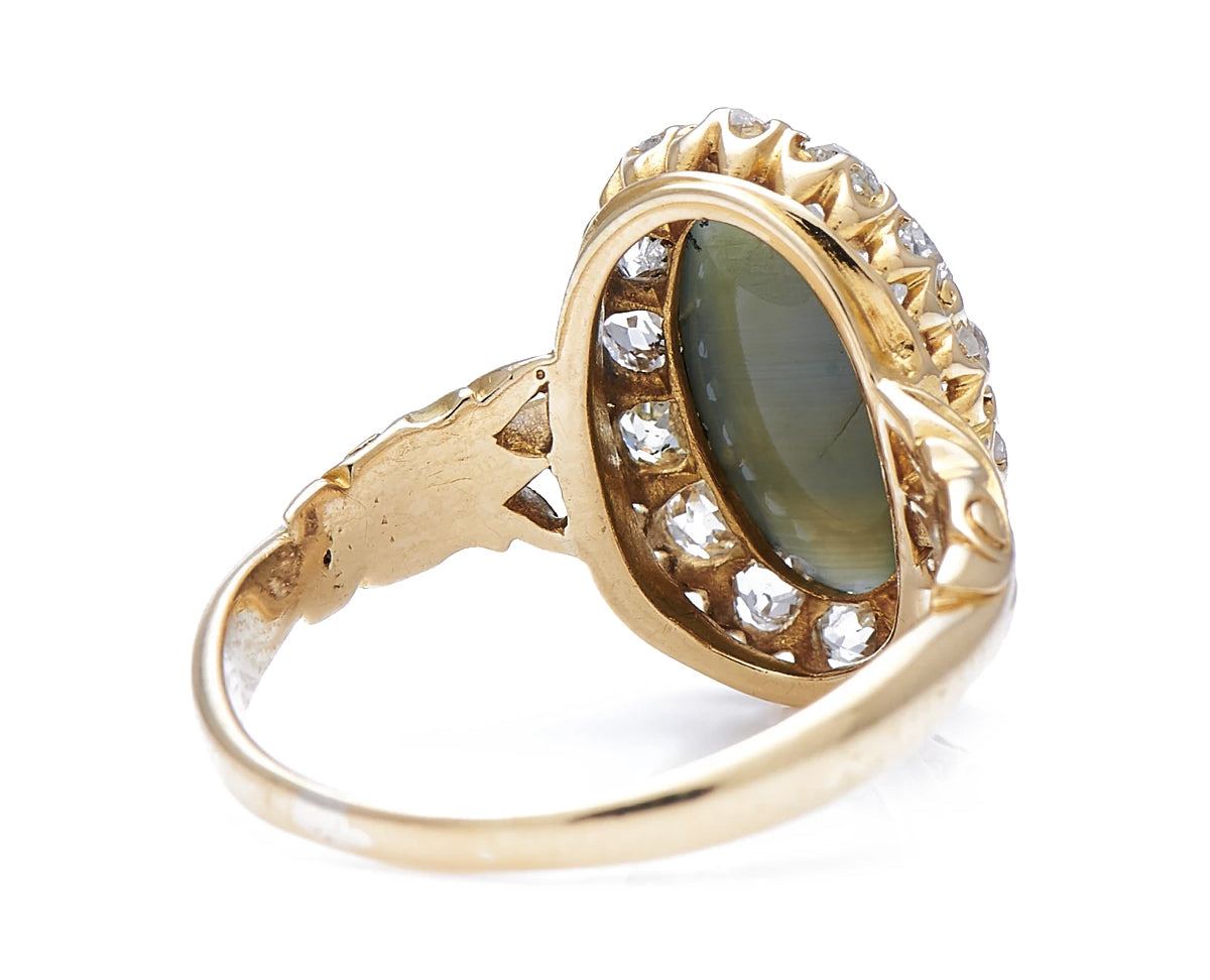 Antique Victorian, 18ct gold, cat's eye and diamond cluster ring