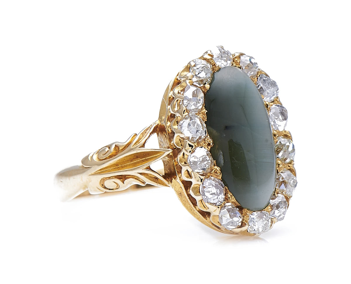 Antique Victorian, 18ct gold, cat's eye and diamond cluster ring