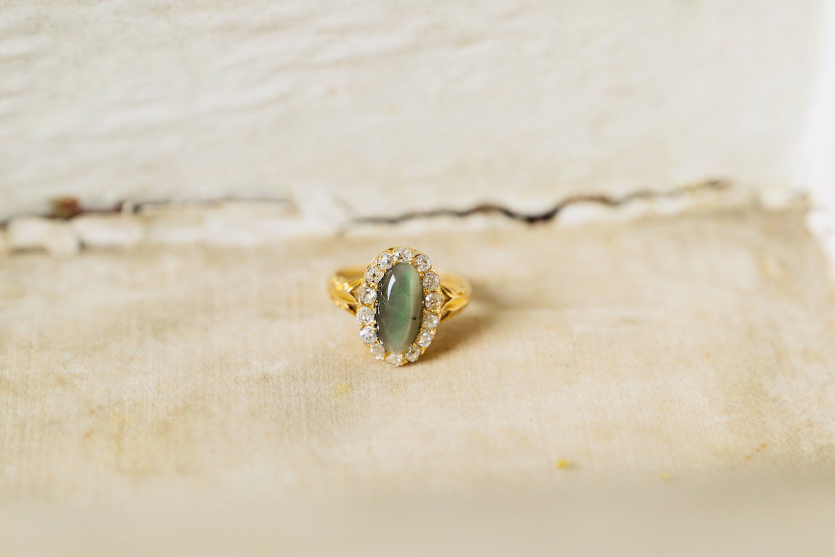 Antique Victorian, 18ct gold, cat's eye and diamond cluster ring