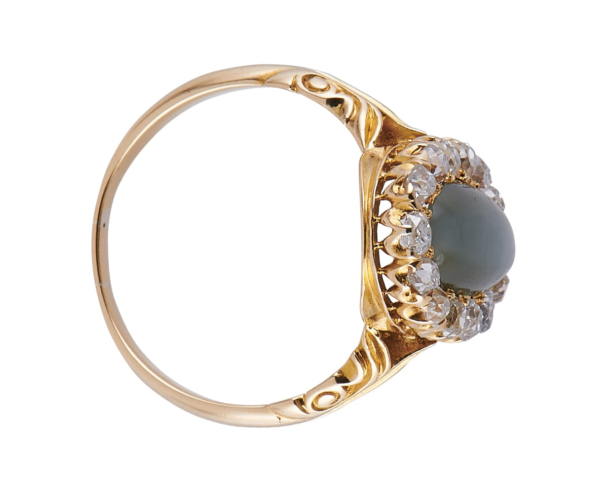 Antique Victorian, 18ct gold, cat's eye and diamond cluster ring