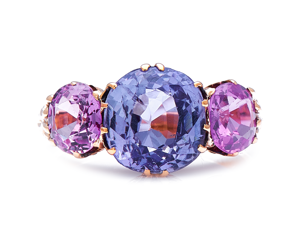 Antique Victorian, 18ct gold, natural colour-change sapphire and pink sapphire ring